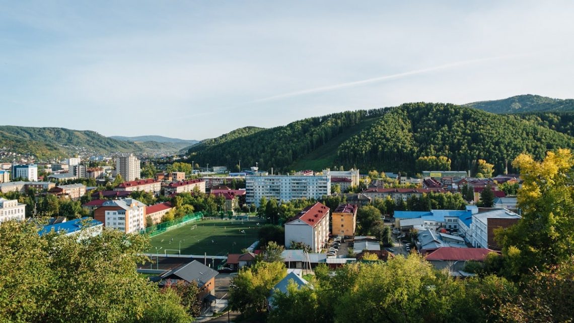 a view of a city with mountains in the background